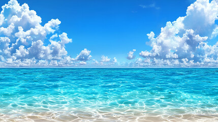 Fototapeta premium Vibrant ocean scene with clear turquoise waters, gentle waves, and a bright blue sky dotted with fluffy white clouds. A perfect tropical paradise.