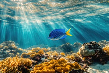 Obraz premium Tropical fish swimming over a vibrant coral reef in the sunlit ocean