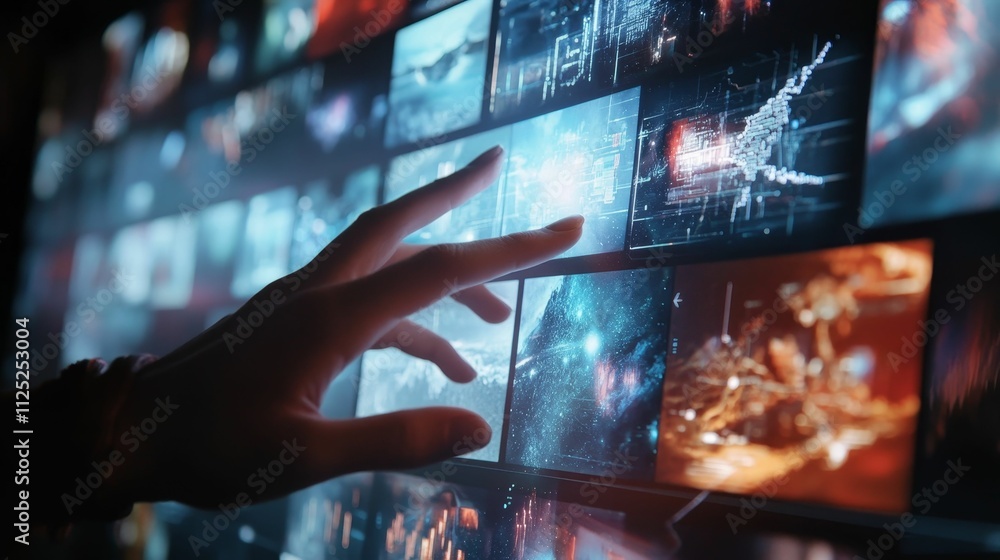 Poster hand interacts with glowing digital screen; vibrant data streams.
