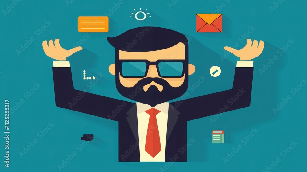 Poster professional man with beard and glasses surrounded by colorful icons representing communication and 