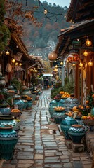 Fototapeta premium Georgian Market Cobblestone Street Pottery Fruit Autumn
