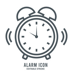 Simple line illustration of a classic alarm clock with bells on top, shown vibrating to indicate ringing. Editable stroke outline icon on white background flat vector illustration.