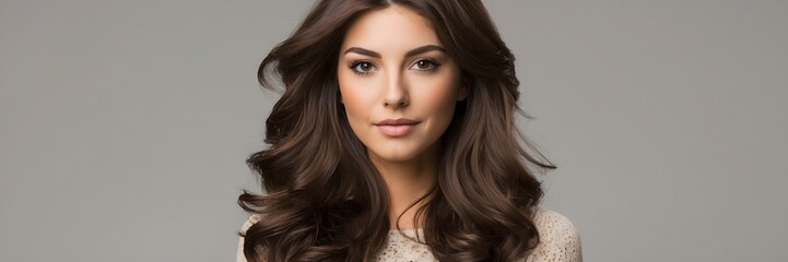 Fototapeta premium Woman with long brown hair is smiling for the camera