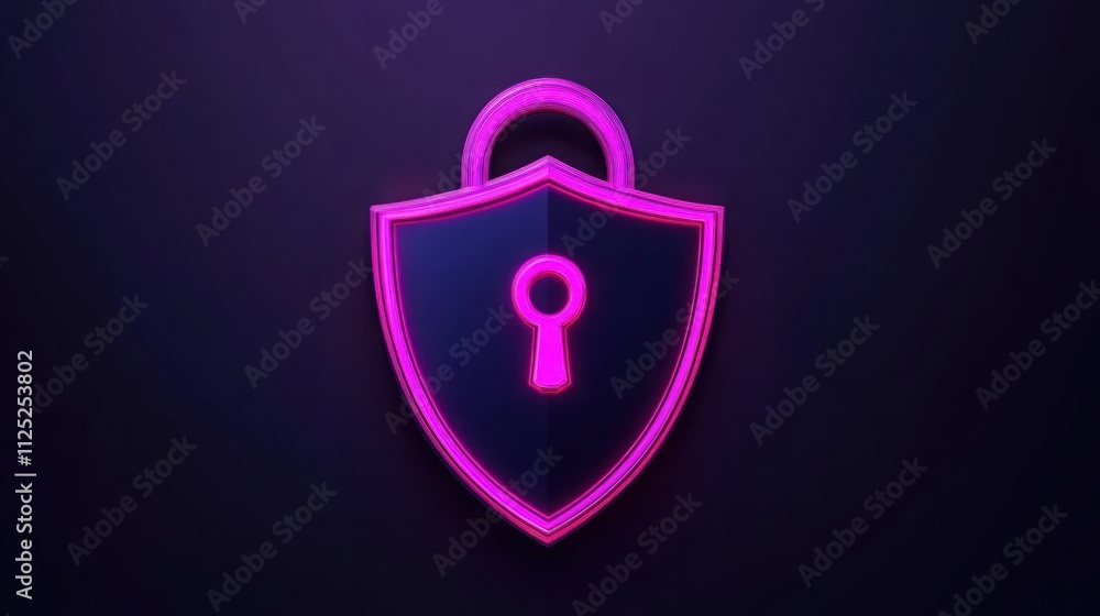Poster neon shield with lock symbol representing security and protection concept in a modern digital enviro
