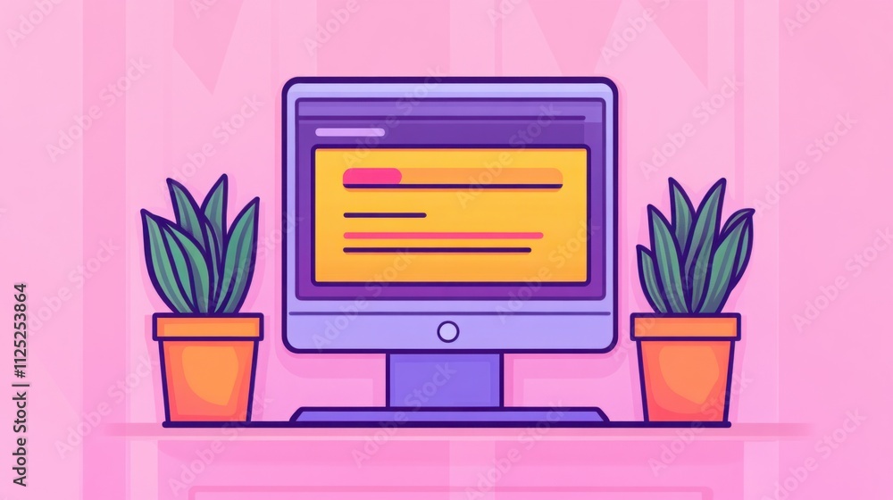 Poster modern desktop workspace with a colorful computer screen surrounded by stylish potted plants on a so