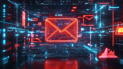 Futuristic Digital Envelope Icon Representing Communication and Connection in a Virtual Space
