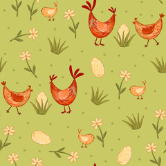 easter family. seamless pattern with a hen, rooster, chicks, eggs,  spring daisies. Packaging, tablecloths, kitchen textiles, greeting cards, festive Easter designs