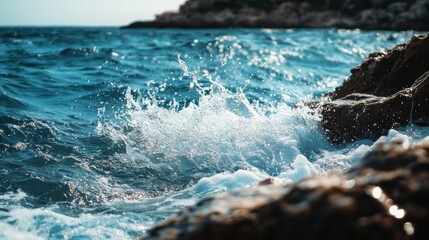 Obraz premium A stunning capture of clear blue water splashing, showcasing the beauty and vitality of moving water droplets. Perfect for advertisements and publications related to nature and purity.