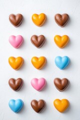 Fototapeta premium A vibrant arrangement of heart-shaped chocolates in various colors, perfect for celebrating love and special occasions.