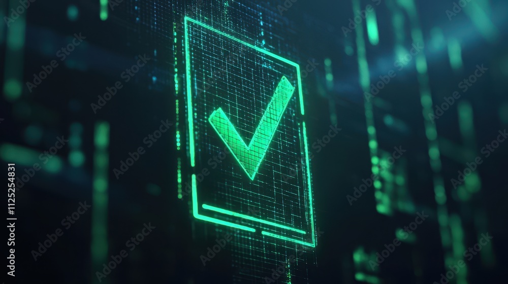 Poster green check mark graphic on digital background representing success and approval concepts