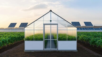 Obraz premium Modern greenhouse surrounded by rows of vibrant green plants and solar panels under a clear sky, representing sustainable agriculture and innovation in farming
