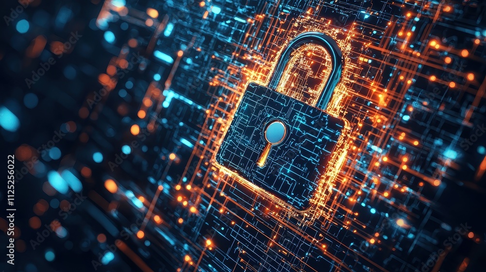 Poster abstract digital security concept with padlock graphic and key mechanism for data protection