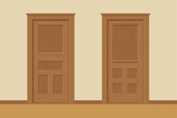 Textured wooden interior doors with door frames in flat style. Realistic proportions, 1:100 scale.