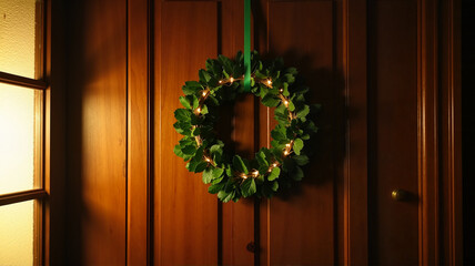 Green wreath with glowing lights hanging on a wooden door