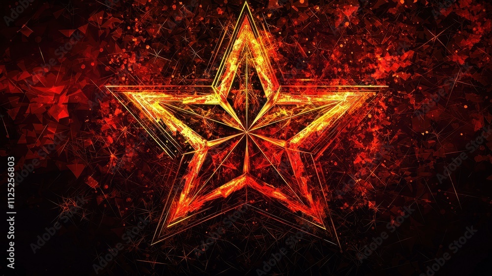 Poster geometric star icon formed with vibrant patterns and dynamic colors in a digital art style