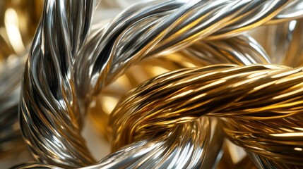 A close-up of intertwined strands of shiny gold and silver wire, showcasing their smooth texture and reflective qualities