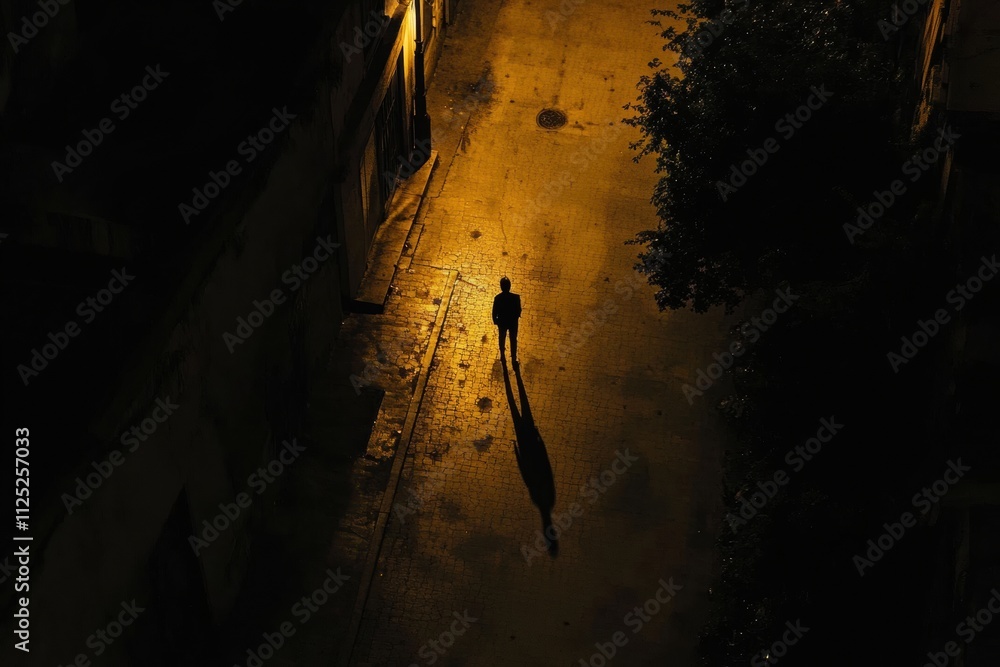 Aufkleber A solitary person stands on an empty street illuminated by streetlights, casting a long shadow, with dark space above for text. Generative AI