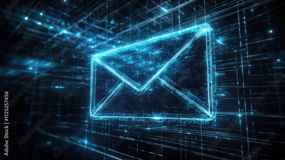 Poster futuristic stylized envelope icon with glowing effects and digital message symbol representation