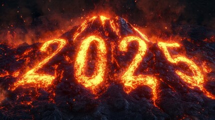 Volcanic 2025 Eruption - Fiery 2025 digits emerge from a volcanic eruption, symbolizing change, power, destruction, rebirth, and the future.