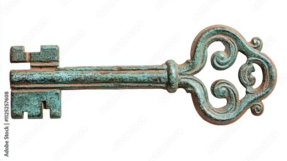 Poster isolated vintage key with intricate design on a white background for symbolic representation