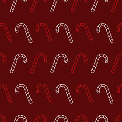 Seamless vector pattern with red and white linear candy canes on a dark red background