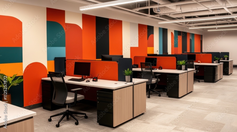 Poster modern office space with vibrant wall art featuring colorful geometric patterns and minimalist desks