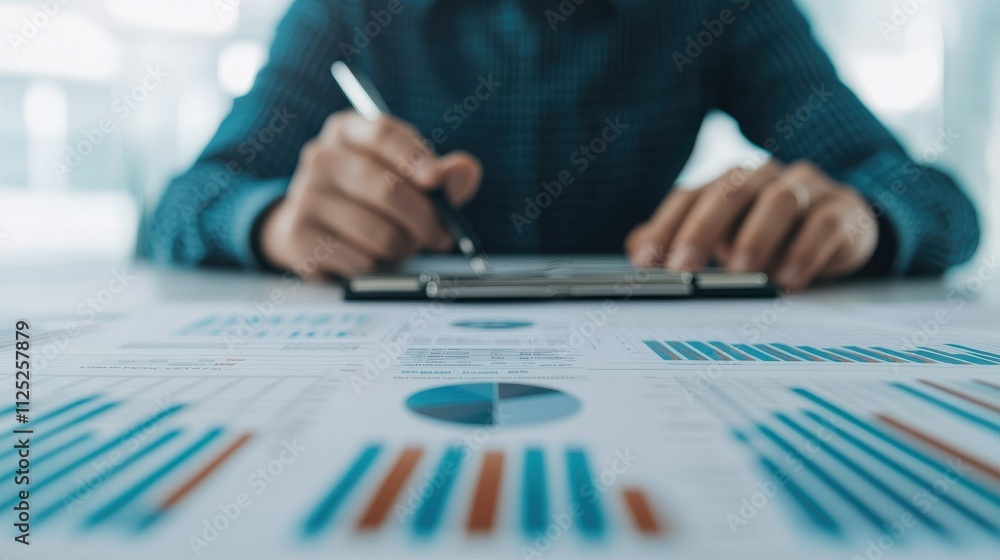 Poster professional business analyst reviewing financial reports with graphs and charts in office setting, 
