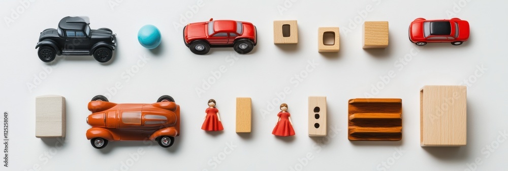 Poster children's toys like colorful cars, wooden blocks, and dolls arranged in a flat lay on a white backg