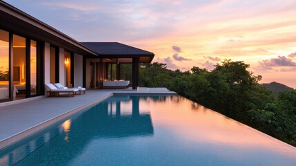 Fototapeta premium Luxurious modern villa with infinity pool overlooking sunset landscape, surrounded by tropical greenery in serene tranquil environment for relaxation and escape