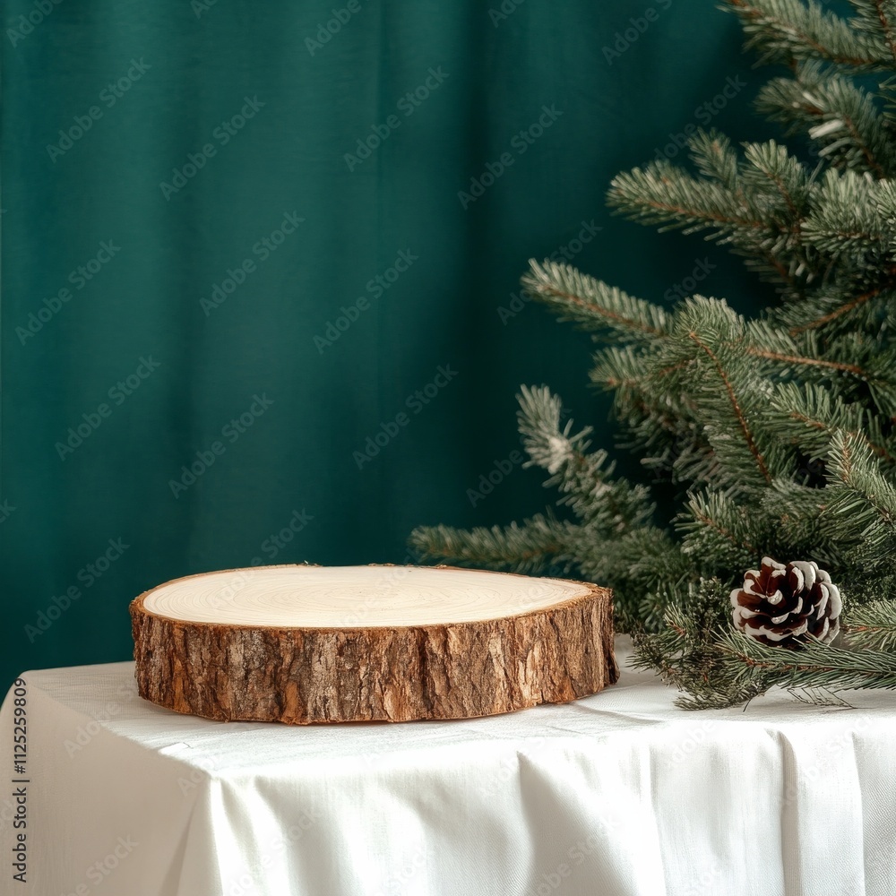 Poster empty log podium with tablecloth on wooden table over green wall and pine tree decoration background