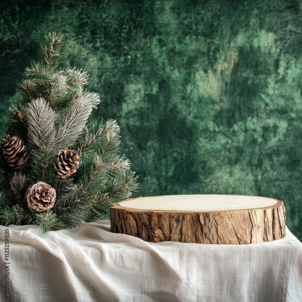 Poster empty log podium with tablecloth on wooden table over green wall and pine tree decoration background