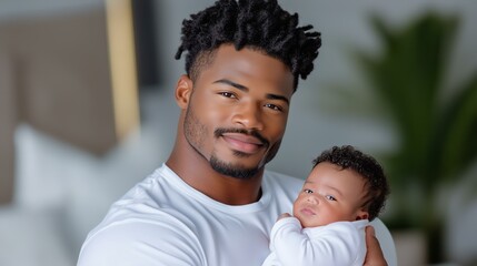 Fototapeta premium Father embracing baby in serene home setting