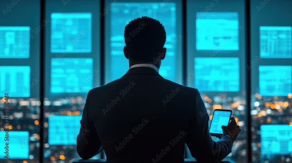Poster business professional analyzing data on smartphone while overlooking cityscape through large windows