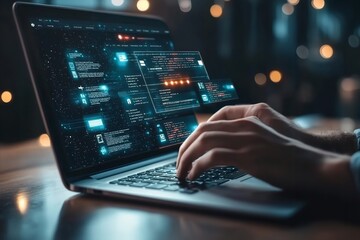 The idea of online learning. Web platforms are used by humans for webinars and online training. Generative Ai