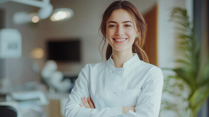 Handsome friendly woman dentist smiling, standing with folded hands inside blurry modern clinic. Dental care concept