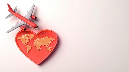 A digital illustration of an airplane flying over a glowing heart-shaped world map, symbolizing compassionate medical tourism and travel.