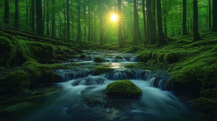 Obraz premium Here's a caption and keywords for your image.. Sunlit stream flows through lush, mossy forest.