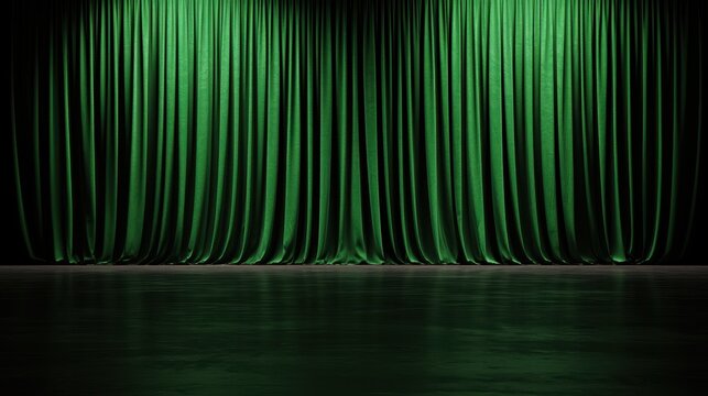 A green curtain hangs in front of a stage