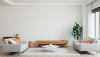 Living room background for zoom with a neutral-colored backdrop, minimalist furniture, and a large potted plant in the corner for a calm, professional look