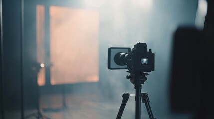 A professional setting features a camera on a tripod ready to record an interview in a modern television studio with a blurred background. Generative AI