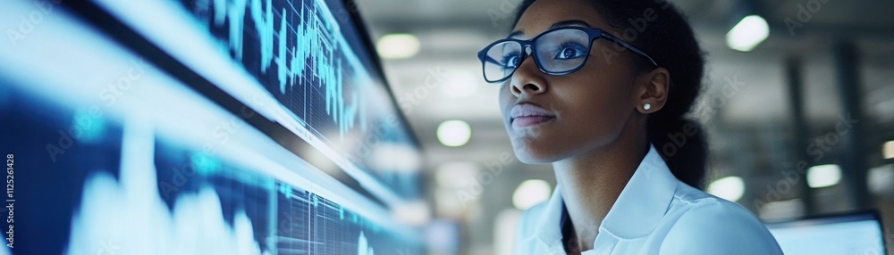 Poster young professional woman analyzing data on digital screen in modern office environment with financia