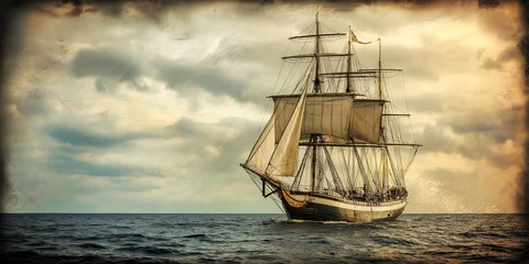 Fototapete A vintage ship sailing on the seas, captured under a dramatic sky, evoking adventure and historic elegance. © StockUp