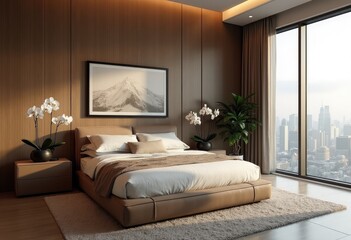 Modern bedroom interior design with elegant furniture and city view through the window