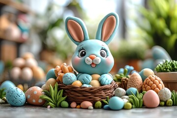 A cute blue bunny figurine surrounded by colorful Easter eggs in a festive setting.