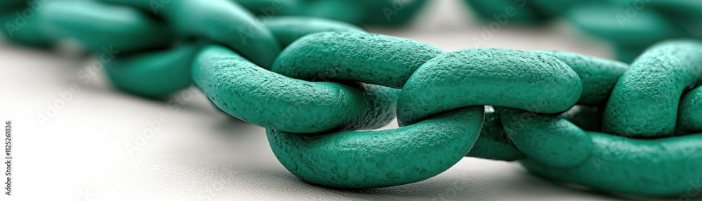 Poster Close-Up of a Turquoise Colored Chain Link Displaying Unique Texture and Shading Against a Soft Background for Creative and Industrial Themes