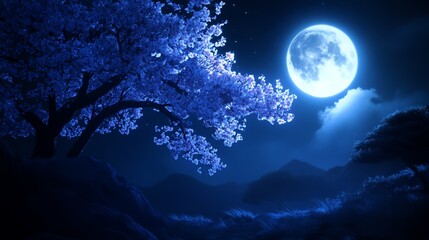 Fototapeta premium A serene night scene featuring a full moon illuminating a vibrant blue cherry blossom tree against a dark, tranquil background.