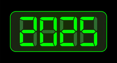 2025 Happy new year digital clock. Electronic watch. Alarm timer, Christmas countdown, time display with green led numbers. Vector illustration isolated on black background
