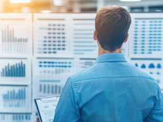 Businessman Analyzing Financial Graphs and Data Visualizations to Make Informed Decisions in a Modern Office Environment with Interactive Displays