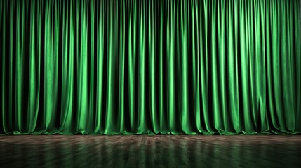 A green curtain hangs in front of a wooden floor