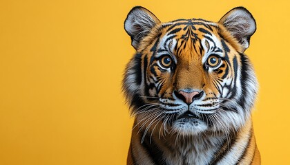 Surprised tiger with wide eyes against a bright yellow background, capturing a moment of astonishment